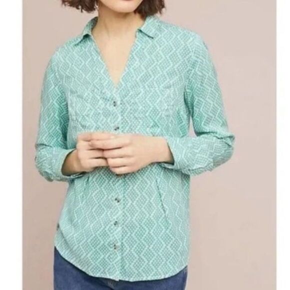 Anthropologie Maeve Green Retro Print Button Down Shirt size 2 Classic Blouse - Picture 1 of 16